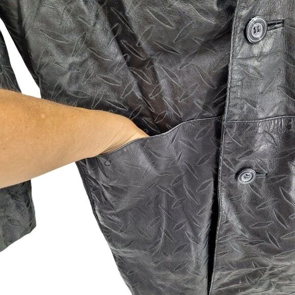 Vtg 80's Leather Trench Coat Rare Rocker Punk Tire Track Embossed Black Sz S - Picture 6 of 16